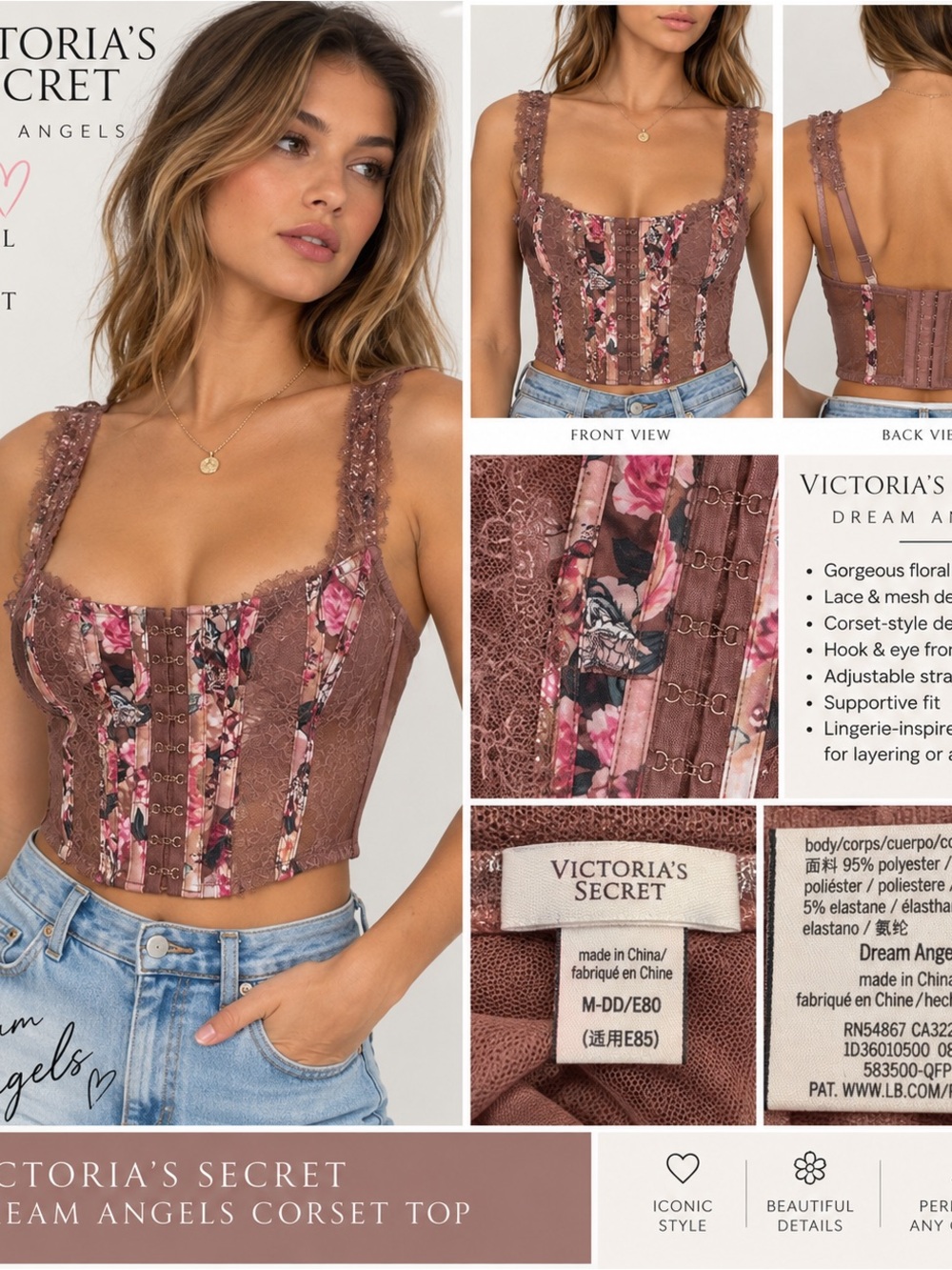 Victoria's Secret Mauve Floral Lace Corset Top